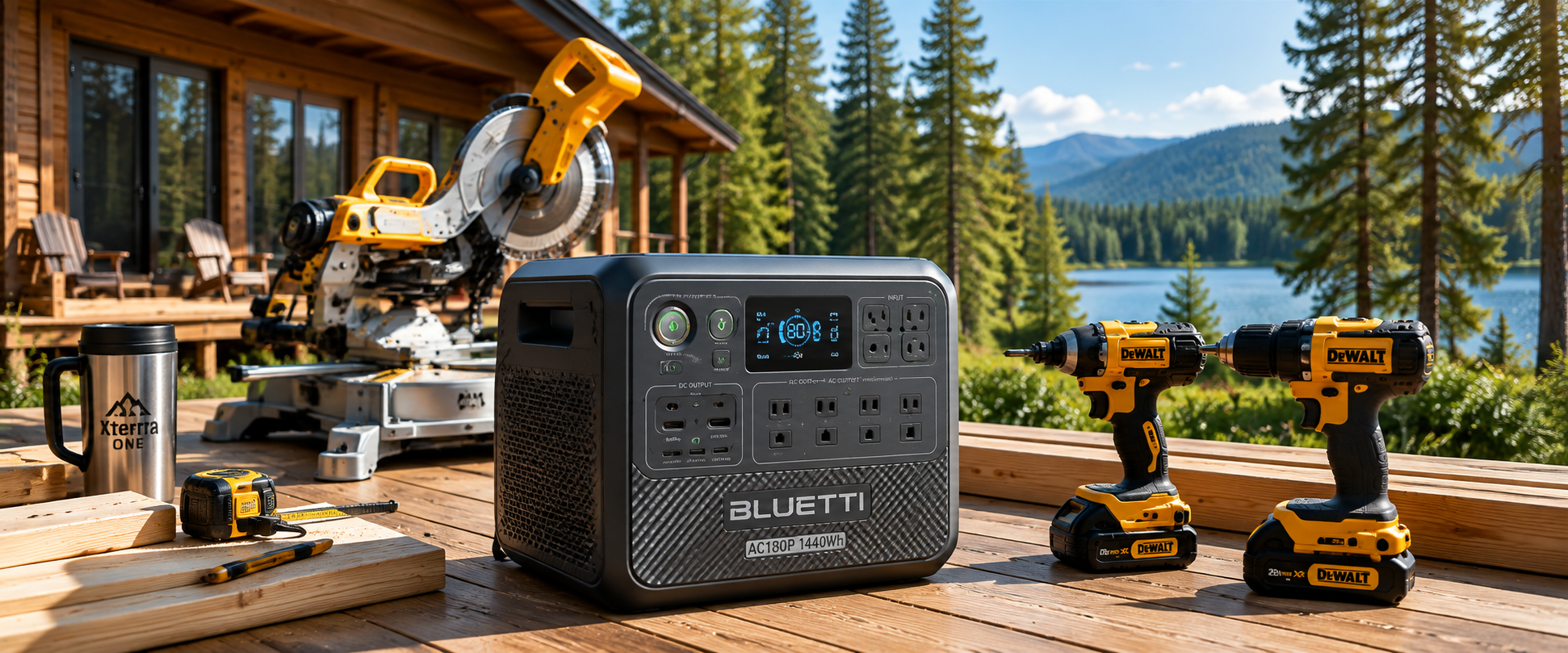 Station d’énergie alimentant un chantier de chalet avec scie à onglet et outils sans fil