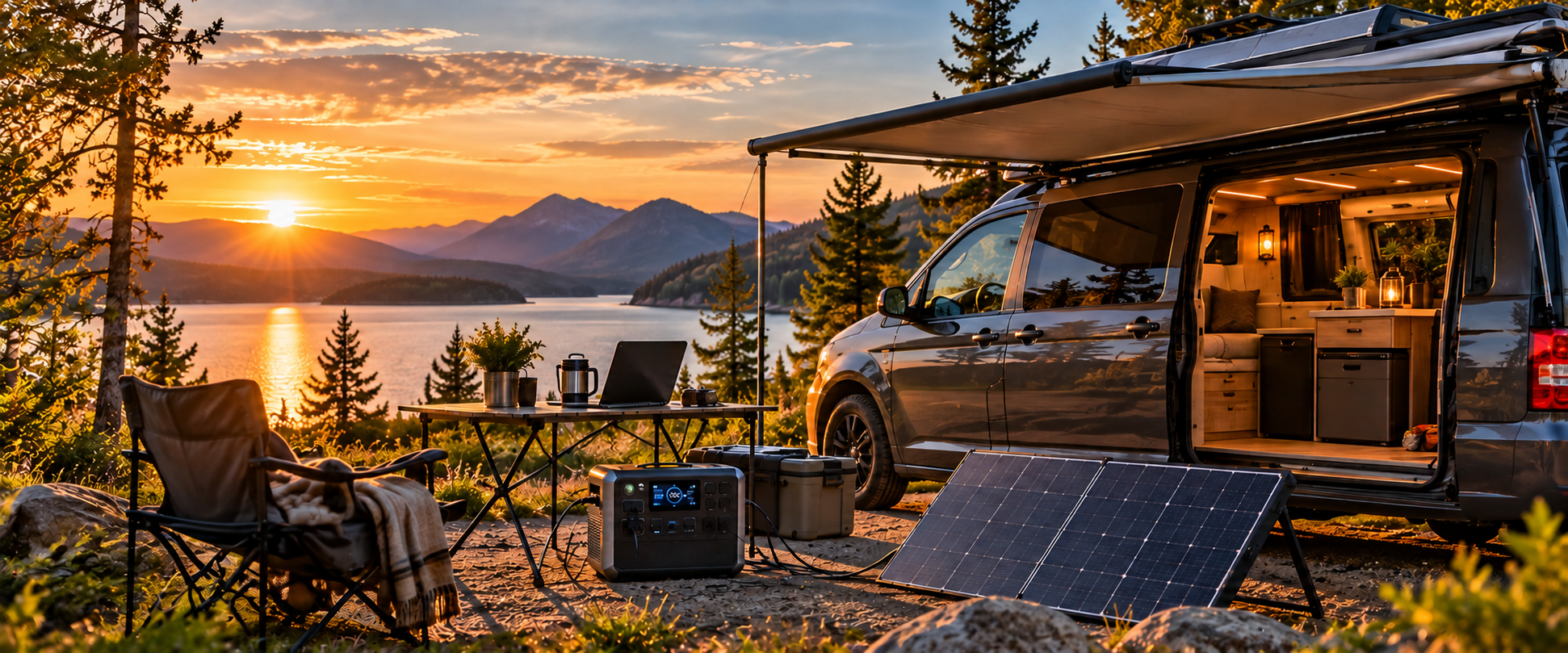 Mini-van autonome avec panneaux solaires et station portable