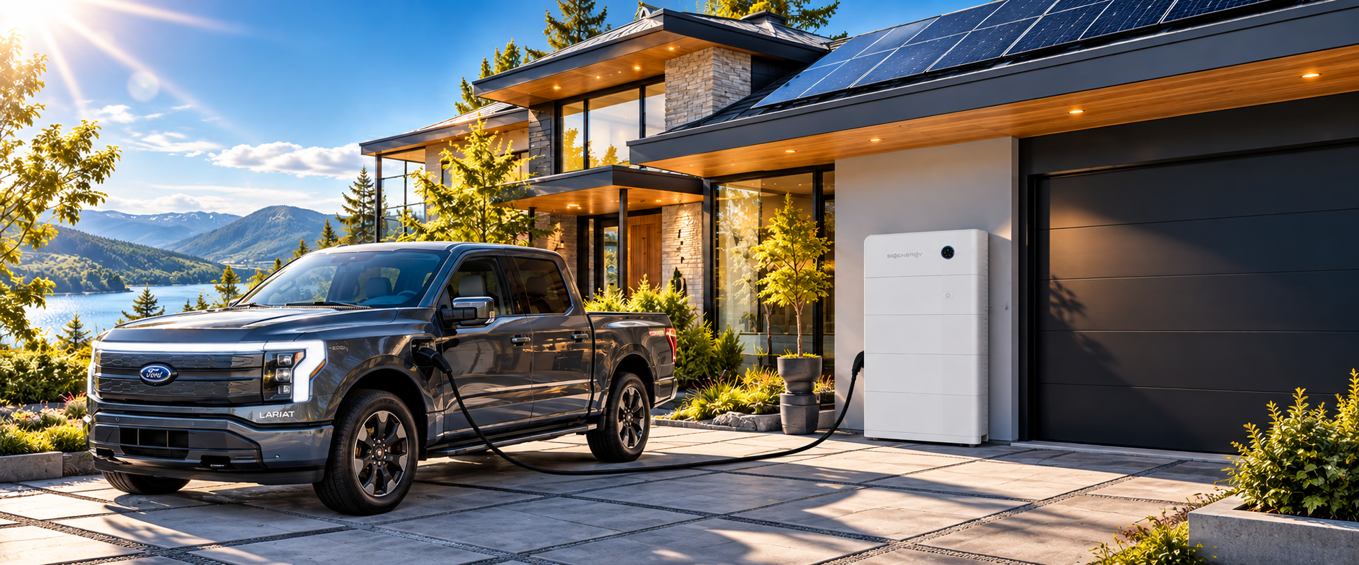 Ford F-150 Lightning Lariat branché à un système V2X SigenStor devant une maison solaire